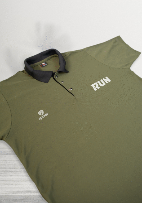 Men's Olive Green RUN Printed Polo T-Shirt - Image 2