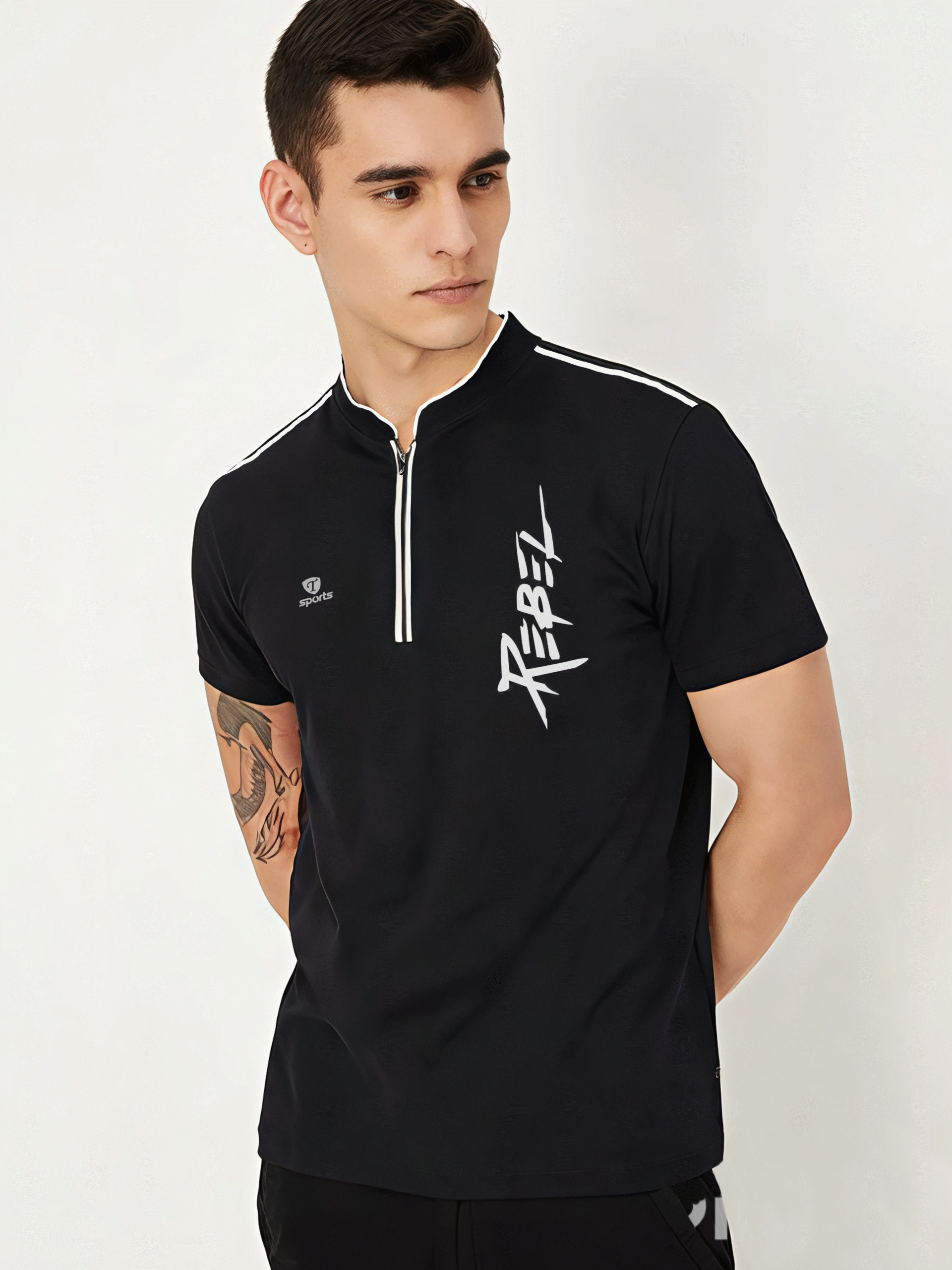 Men’s Black Rebel Graphic Half-Zip Sports T-Shirt