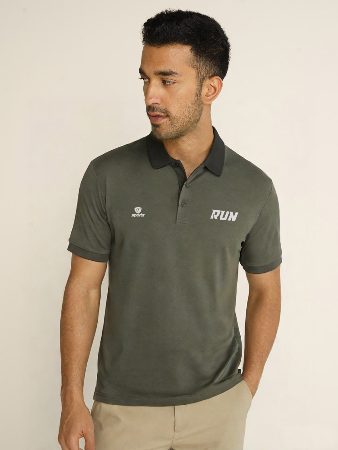 Men’s Olive Green RUN Printed Polo T-Shirt